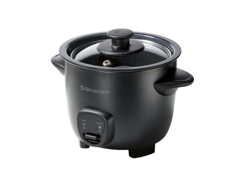 Orezieră neagră cu capac transparent și panou de control cu butoane „COOK” și „WARM”.