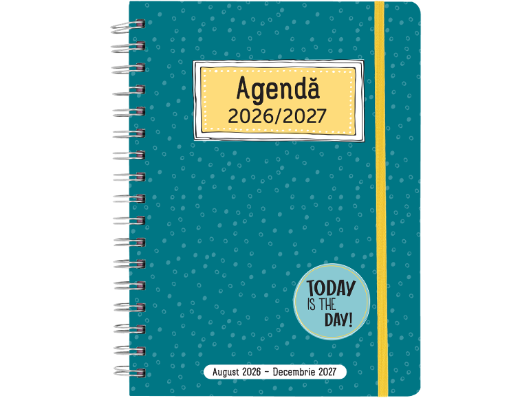Agendă turcoaz cu spirală, cu textul „Agenda 2026/2027” și „Today is the day!”