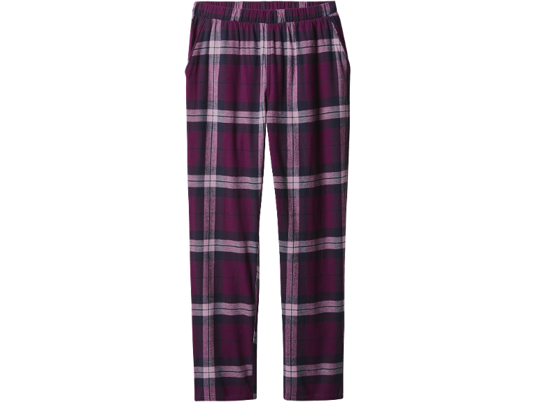 Pantaloni de pijama în carouri violet și negre cu talie elastică.