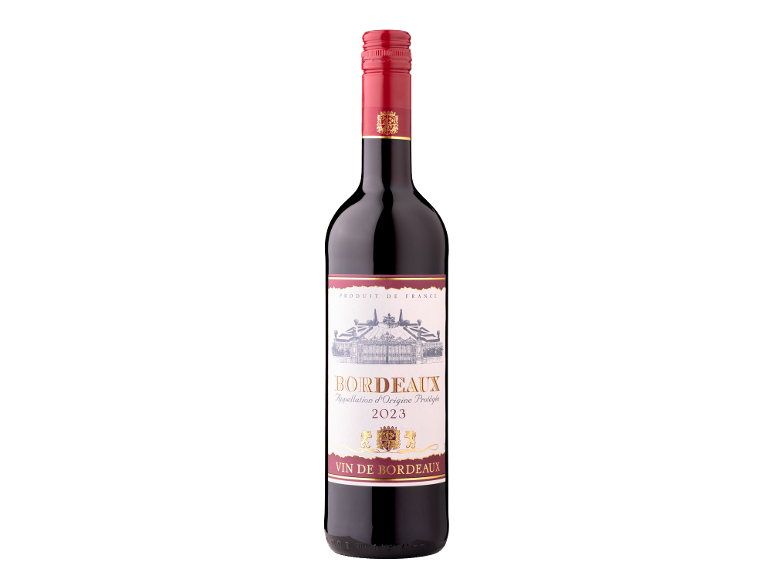 Sticlă de vin roșu Bordeaux 2023 cu etichetă decorativă și capac roșu.