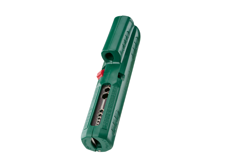 Dezizolator de cabluri verde cu marcaje de dimensiune și un buton roșu.