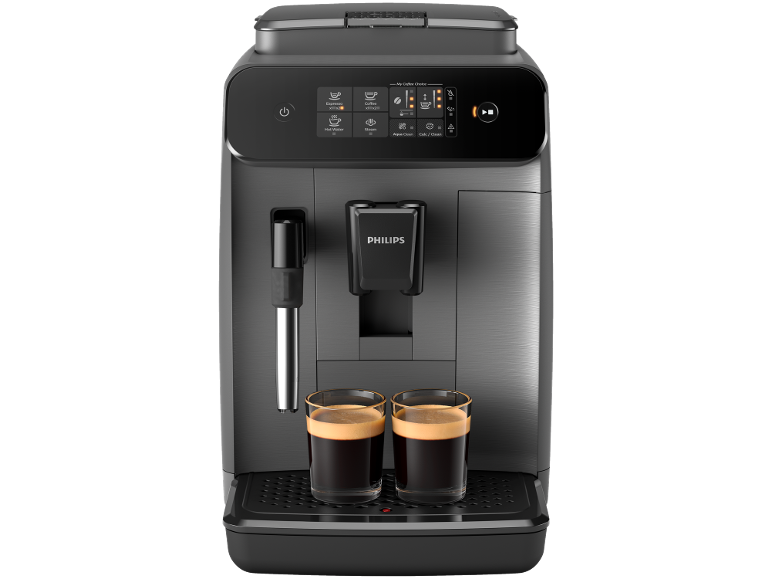 Espressor automat negru cu două cești de espresso și panou de control tactil.