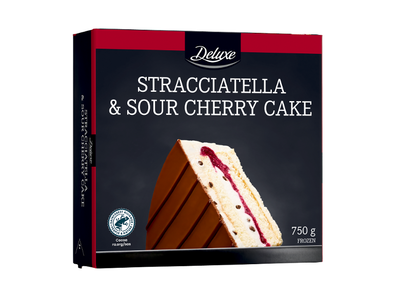 Cutie de tort stracciatella și vișine, 750 g, congelat.