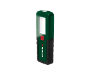 Lanternă de mână verde cu lumină LED albă și buton roșu de pornire.