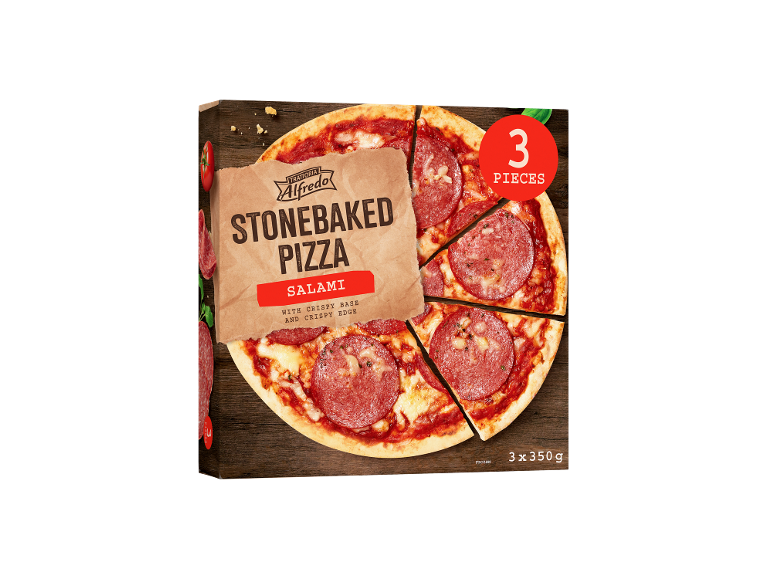 Pizza cu salam coaptă pe piatră, 3 bucăți, 3x350g, cu bază și margine crocante.