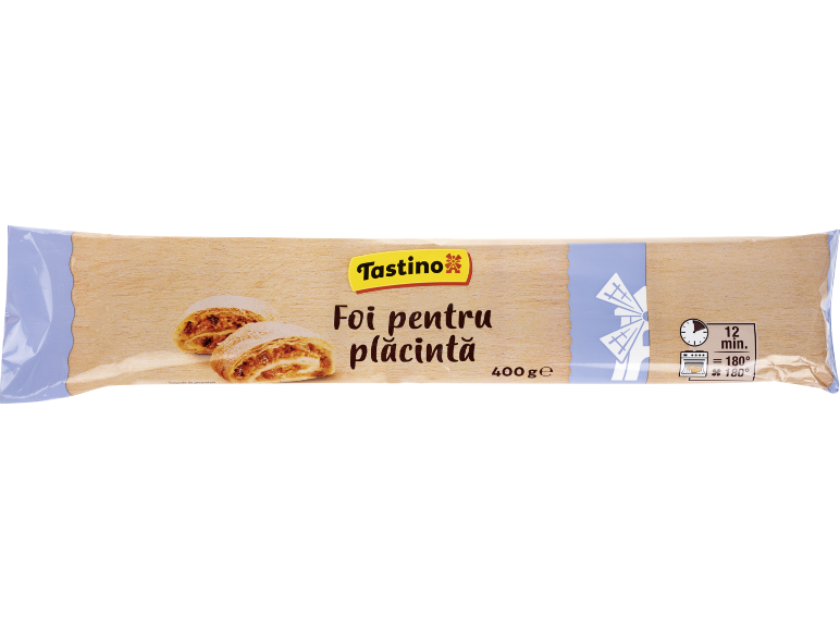Ambalaj de foi pentru plăcintă cu produse de patiserie cu mere și instrucțiuni de coacere.