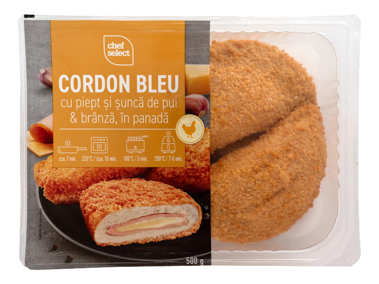 Ambalaj cordon bleu de pui cu șuncă și brânză, în panadă, 500 g.
