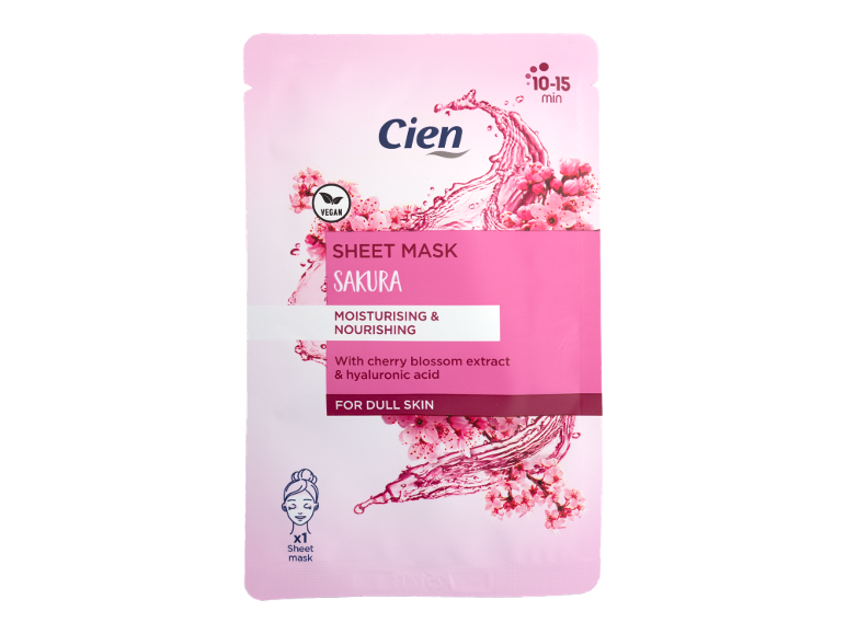 Masca tip șervețel Sakura hidratează și hrănește pielea ternă cu extract de cireș și acid hialuronic.