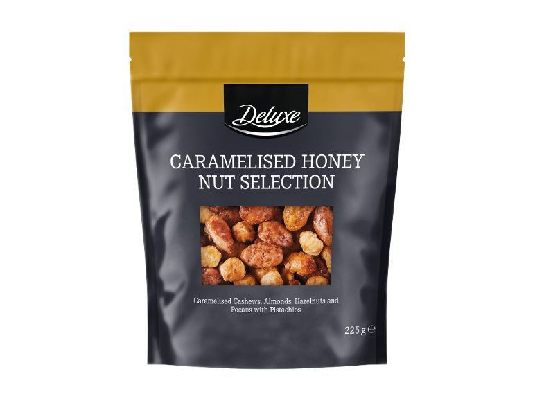Selecție de nuci caramelizate cu miere, cu caju, migdale, alune de pădure, nuci pecan și fistic, 225g.
