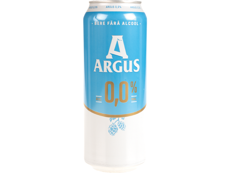 Doză de bere fără alcool cu textul „Bere Fără Alcool” și „0,0% Alc. vol.”