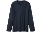 Tricou cu mânecă lungă bleumarin cu decolteu în V și text închis la culoare pe piept.