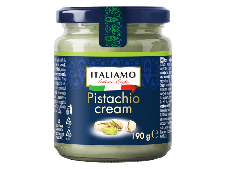 Cremă de fistic într-un borcan de sticlă cu etichetă albastră și culorile steagului italian.