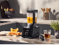 Blender cu supă de dovleac, legume tăiate și ierburi pe un blat de bucătărie.