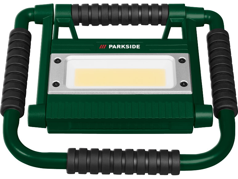 Proiector de lucru portabil verde cu mânere și o bandă luminoasă LED.