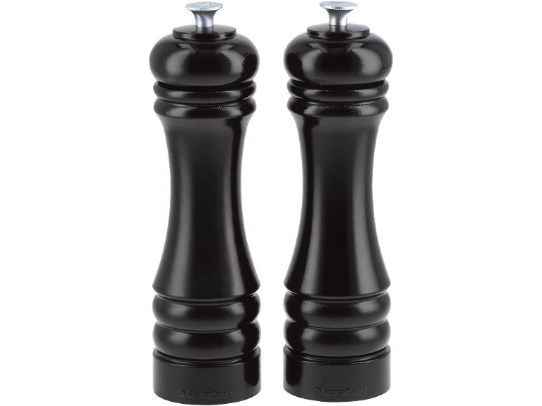Două râșnițe negre de sare și piper cu un design elegant.