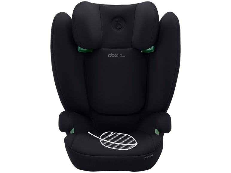Scaun auto negru pentru copii cu accente verzi și design de pană.