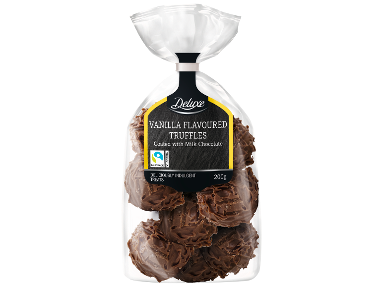 Trufe cu aromă de vanilie acoperite cu ciocolată cu lapte, 200g, cacao Fairtrade.