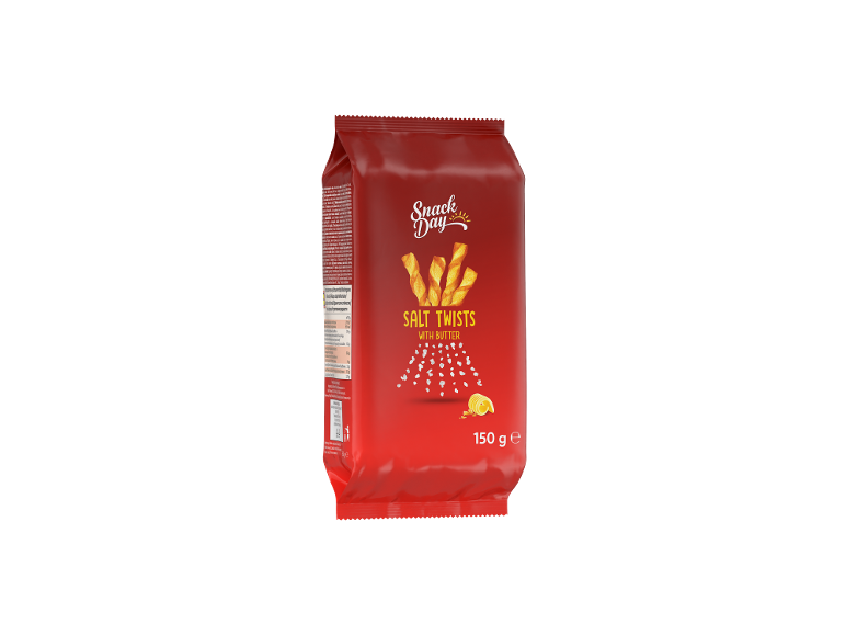 Pachet roșu cu covrigei sărați cu unt, cu textul „Salt Twists with Butter” și 150 g.