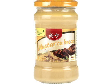 Borcan de muștar cu hrean de 300g, cu textul „fără potențiatori de arome”.