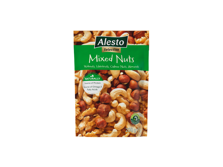 Pungă de nuci mixte cu nuci, alune de pădure, caju și migdale, o sursă de proteine și omega-3.