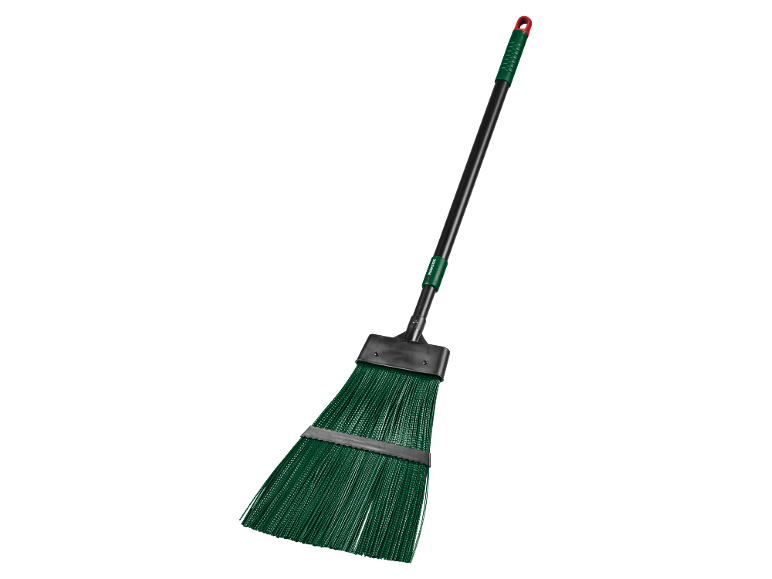 Mătură verde de exterior cu mâner lung negru și capac roșu.