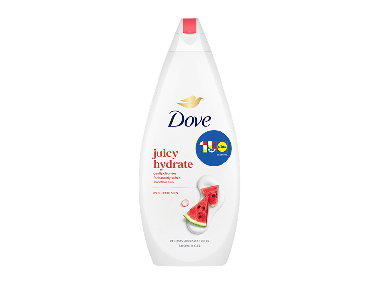 Gel de duș alb cu textul „juicy hydrate” și bucăți de pepene roșu.