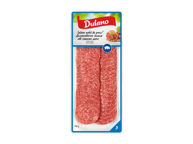 Salam feliat ambalat cu text și simbol de porc.