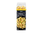 Ambalaj de paste campanelle cu un fel de mâncare gata preparat pe fundal negru, 500 g.