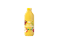 Sticlă galbenă de suc de mere și mango cu imagini de fructe și text.