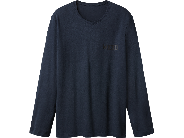 Tricou cu mânecă lungă bleumarin cu decolteu în V și text închis la culoare pe piept.