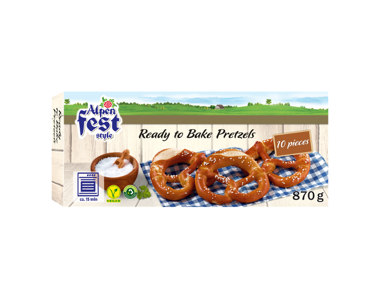 Cutie de covrigei gata de copt cu 10 bucăți, 870 g, timp de coacere de 15 minute și certificare vegană.