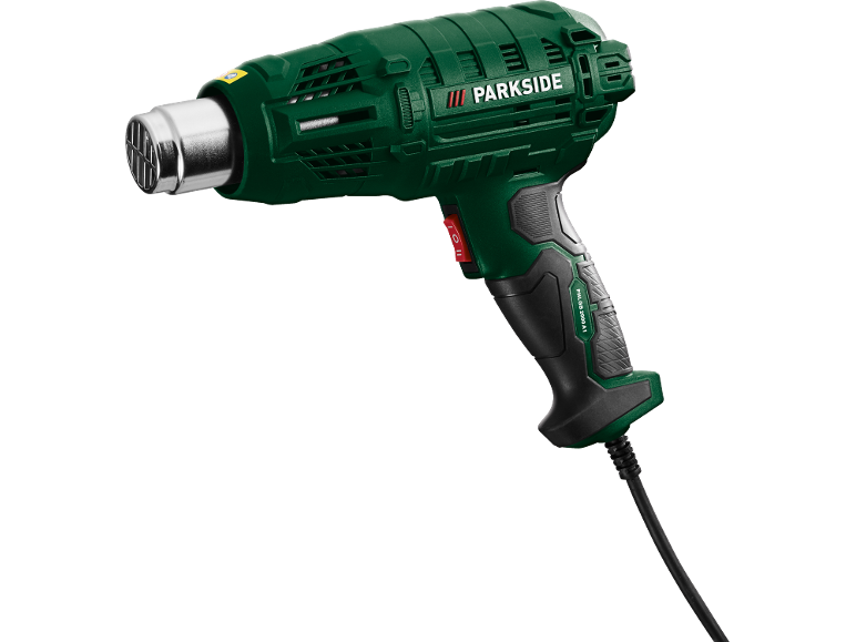 Pistol cu aer cald verde cu logo și comutator roșu.