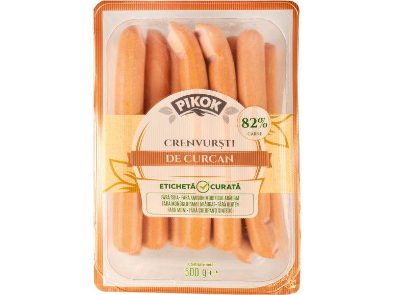 Ambalaj crenvurști de curcan, 82% carne, fără soia, amidon modificat, gluten și coloranți.