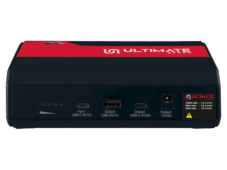 Demaror portabil negru și roșu cu diverse intrări și ieșiri USB și specificații de putere.