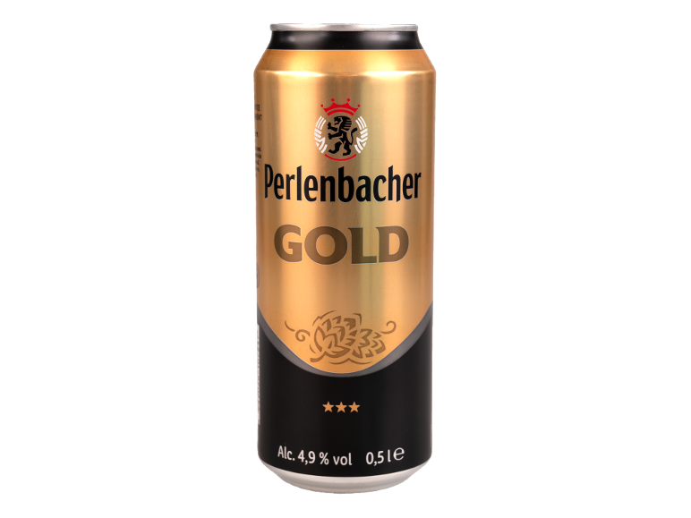 Doză de bere aurie cu text negru 'Perlenbacher GOLD', 4,9% alcool, 0,5l.