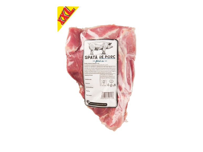Spată de porc fără os ambalată în vid, cu etichetă XXL și informații despre produs.