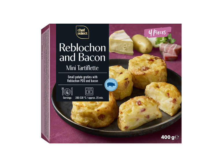 Ambalaj mini tartiflette Reblochon și bacon, 4 bucăți, 400 g, cu instrucțiuni de servire.