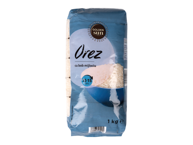 Pachet de orez cu bob mijlociu, 1 kg, cu timp de gătire de 13-15 minute.