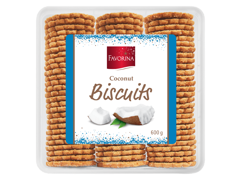 Biscuiți de cocos într-o tavă transparentă, cu textul „Coconut Biscuits” și 600 g.