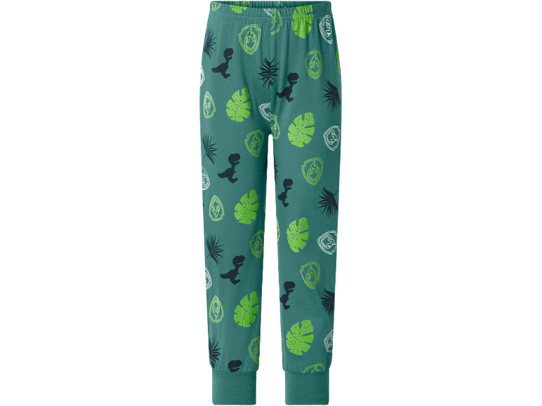 Pantaloni pentru copii cu imprimeu cu dinozauri, frunze tropicale și insigne.