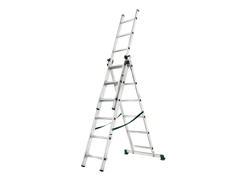 Scară telescopică multifuncțională din aluminiu cu curele de siguranță verzi, în poziția 'A'.