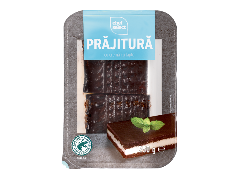 Prăjitură ambalată cu ciocolată și cremă de lapte, decorată cu frunze de mentă, 250 g.