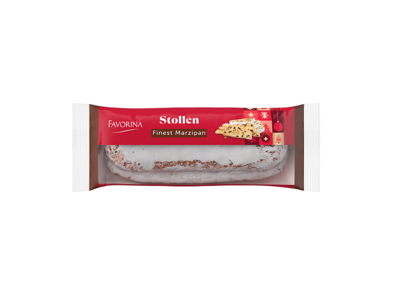 Stollen cu marțipan în ambalaj, cu decorațiuni de Crăciun.