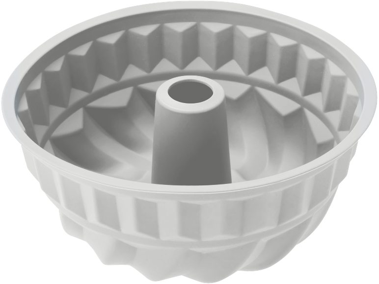 Formă albă de silicon pentru Bundt cake cu model spiralat și margini canelate.