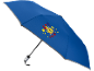 Umbrelă albastră cu un design de forme geometrice colorate și un logo.