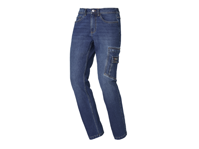 Pantaloni de lucru din denim albastru cu buzunare laterale și detalii de cusături.