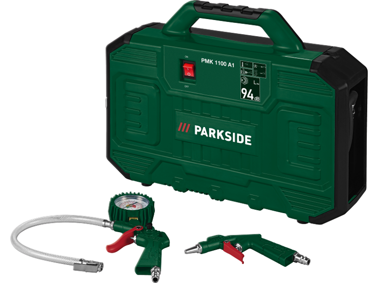 Compresor portabil verde cu manometru și pistol de umflare, 94 dB