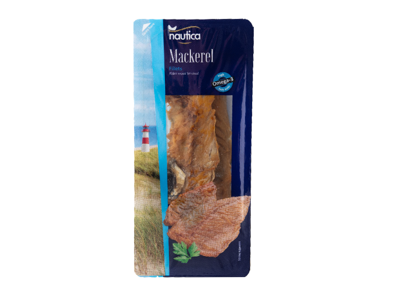Fileuri de macrou ambalate, afumate cu lemn de arin, bogate în acizi grași Omega-3.