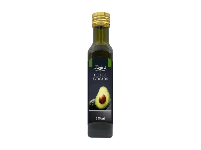 Sticlă de ulei de avocado cu etichetă și text.