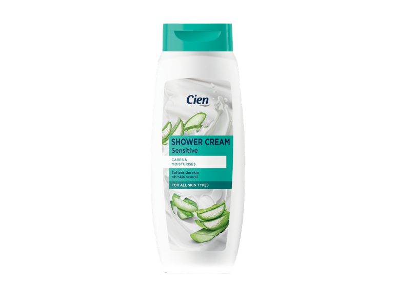 Cremă de duș albă cu aloe vera, sensibilă, îngrijește și hidratează pielea.